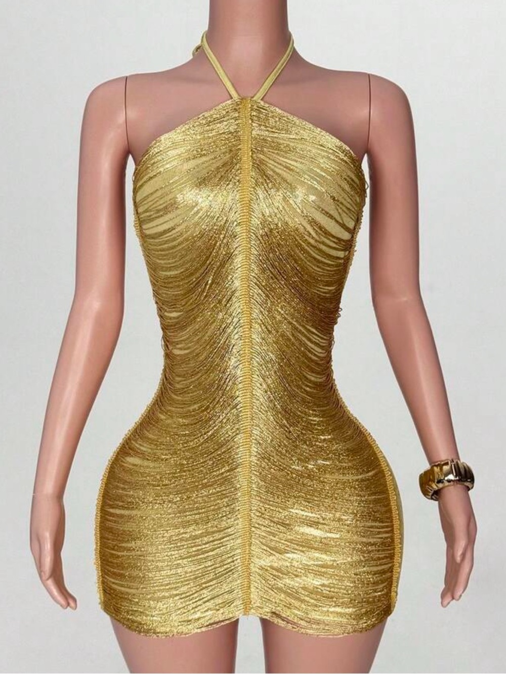 Gold Halter Ruched Mini Dress sexy dress style GOLD metallic embellishment